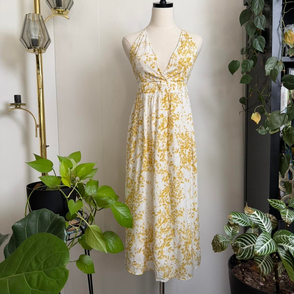 ONeill Womens Yellow White Floral Halter Maxi Dress Tassel Tie Back Size Medium